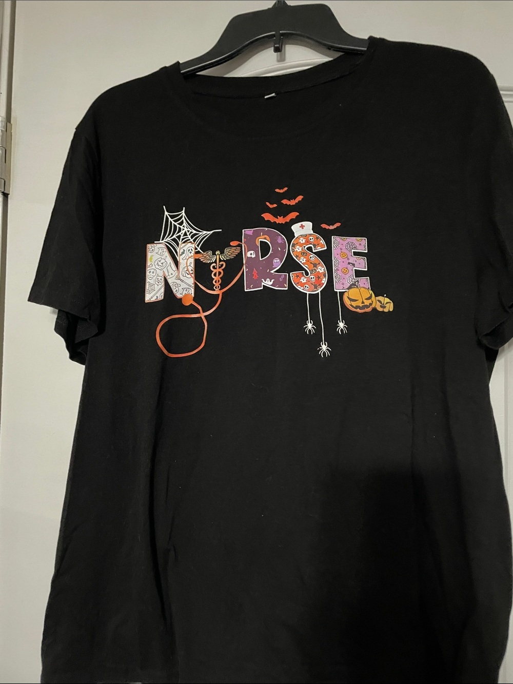 Halloween Nurse Graphic Tee - Black with Orange & Purple Accents